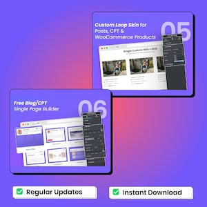 Peut inclure: Graphique num&eacute;rique sur fond d&eacute;grad&eacute; violet et rose. L'image pr&eacute;sente deux maquettes d'interface de site web, l'une intitul&eacute;e "Custom Loop Skin" et l'autre "Free Blog/CPT". Le texte comprend "Regular Updates" et "Instant Download".
