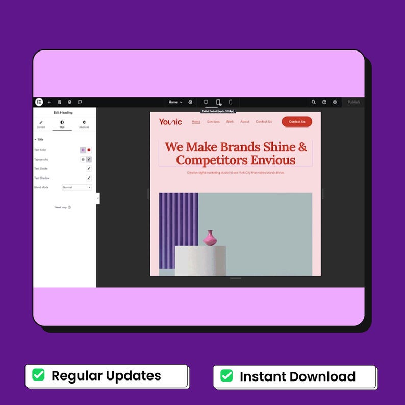 Peut inclure: Une interface d'&eacute;diteur de site web affichant une page avec le texte "Younic", "We Make Brands Shine & Competitors Envious" et "Creative digital marketing studio in New York City that makes brands thrive" sur un fond rose clair.