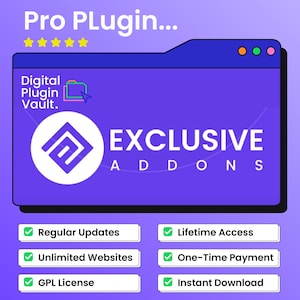 Op de afbeelding: Advertentie voor een digitaal product met een paars en blauw thema. De tekst luidt "Pro Plugin..." en "Digital Plugin Vault." De afbeelding benadrukt "EXCLUSIVE ADDONS" en vermeldt functies zoals "Regelmatige updates" en "Levenslange toegang."