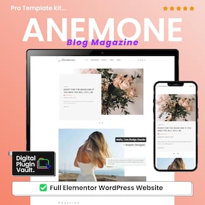 Peut inclure: Maquette numérique d'un design de site web, affichée sur un ordinateur portable et un smartphone. Le design présente le mot "ANEMONE" en grandes lettres, avec le texte "Blog Magazine" en dessous. Le site web présente du contenu de blog avec des images florales.
