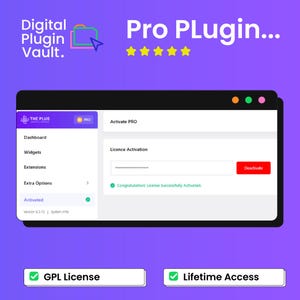 Peut inclure: Une interface num&eacute;rique avec le texte "Pro Plugin..." et "Digital Plugin Vault." L'interface affiche un &eacute;cran d'activation de licence avec un bouton "Deactivate". En dessous, les mots "GPL License" et "Lifetime Access."