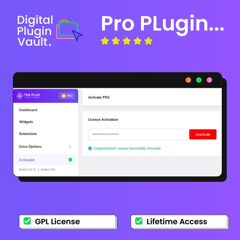 Peut inclure: Une interface num&eacute;rique avec le texte "Pro Plugin..." et "Digital Plugin Vault." L'interface affiche un &eacute;cran d'activation de licence avec un bouton "Deactivate". En dessous, les mots "GPL License" et "Lifetime Access."