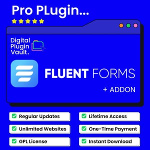 Puede incluir: Gráfico azul que promociona "Fluent Forms" con el texto "Pro Plugin..." y una calificación por estrellas. Incluye "Actualizaciones regulares", "Sitios web ilimitados", "Licencia GPL", "Acceso de por vida", "Pago único" y "Descarga instantánea".