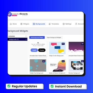 Peut inclure: Capture d'&eacute;cran d'une interface de site Web pr&eacute;sentant des widgets d'arri&egrave;re-plan. L'interface a un fond blanc avec des accents bleus, affichant diverses options de widgets avec des titres tels que "Shape Divider Background" et "Animated Wave Divider Back". Les boutons indiquent "Install" et "Preview".