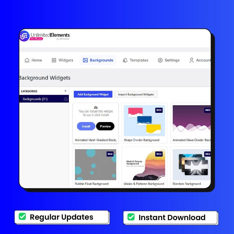 Peut inclure: Capture d'&eacute;cran d'une interface de site Web pr&eacute;sentant des widgets d'arri&egrave;re-plan. L'interface a un fond blanc avec des accents bleus, affichant diverses options de widgets avec des titres tels que "Shape Divider Background" et "Animated Wave Divider Back". Les boutons indiquent "Install" et "Preview".