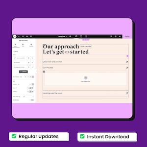 Peut inclure: Une interface num&eacute;rique affichant un tableau de bord de cr&eacute;ation de site web avec un &eacute;diteur de widget accord&eacute;on. L'&eacute;cran affiche du texte incluant Our approach, How it works, Let's get started, Let's meet one another, Our Process et Handing over the keys.