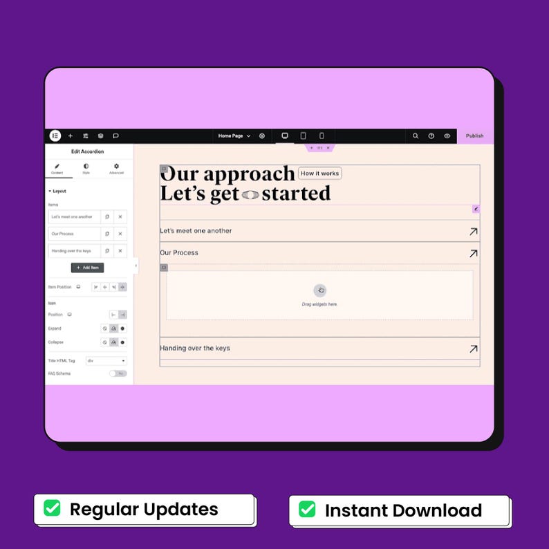 Peut inclure: Une interface num&eacute;rique affichant un tableau de bord de cr&eacute;ation de site web avec un &eacute;diteur de widget accord&eacute;on. L'&eacute;cran affiche du texte incluant Our approach, How it works, Let's get started, Let's meet one another, Our Process et Handing over the keys.