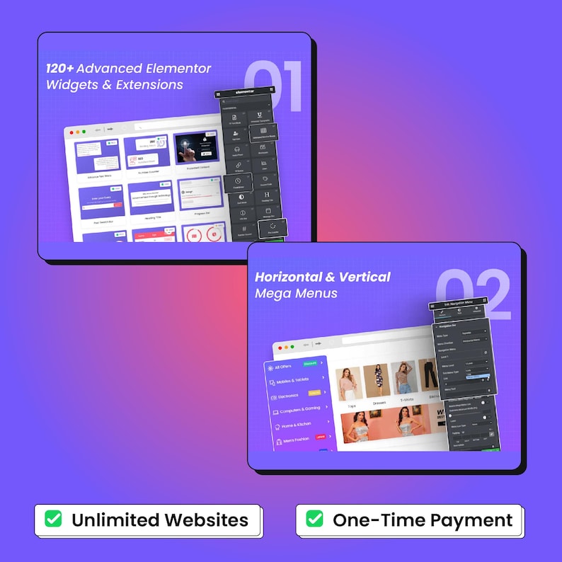 Peut inclure: Visuel num&eacute;rique avec un fond d&eacute;grad&eacute; violet et rose. L'image pr&eacute;sente deux maquettes d'interface de site Web avec le texte "120+ Advanced Elementor Widgets & Extensions" et "Horizontal & Vertical Mega Menus". Le texte "Unlimited Websites" et "One-Time Payment" est &eacute;galement pr&eacute;sent.