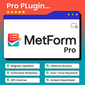 May include: A digital graphic for MetForm Pro plugin featuring a white browser window with the text Pro PLugin, five yellow stars, and the MetForm Pro logo. Below are six white rectangular buttons with green checkmarks listing features.