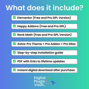 May include: A graphic with a gradient background lists what's included: Elementor, Happy Addons, Rank Math, Astra, a step-by-step installation guide, PDF with lifetime updates, and instant digital download. The Digital Plugin Vault logo is at the bottom.