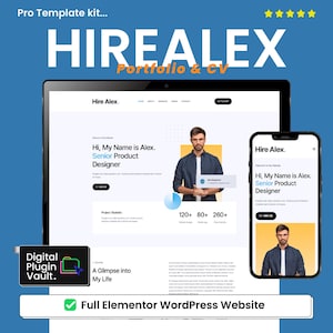Puede incluir: Un kit de plantillas de productos digitales con el texto "HIREALEX Portfolio & CV" que se muestra en una computadora portátil y un teléfono inteligente. El diseño del sitio web presenta un diseño profesional con una foto de un hombre y el texto "Senior Product Designer."