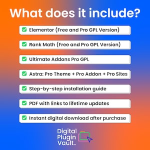 Puede incluir: Un gr&aacute;fico de informaci&oacute;n de producto digital con fondo degradado azul y naranja. El texto dice: What does it include? Elementor, Rank Math, Ultimate Addons Pro, Astra Pro, gu&iacute;a de instalaci&oacute;n, PDF con actualizaciones y descarga instant&aacute;nea.