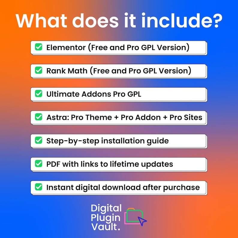 Puede incluir: Un gr&aacute;fico de informaci&oacute;n de producto digital con fondo degradado azul y naranja. El texto dice: What does it include? Elementor, Rank Math, Ultimate Addons Pro, Astra Pro, gu&iacute;a de instalaci&oacute;n, PDF con actualizaciones y descarga instant&aacute;nea.