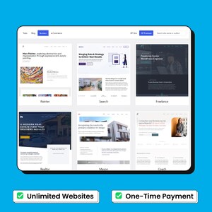 May include: A digital display showing website design templates for different sectors, such as Painter, Realtor, and Coach. The display includes the text "Unlimited Websites" and "One-Time Payment" with checkmarks.