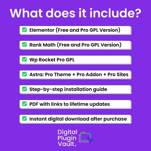 K&ouml;nnte beinhalten: Ein lila Grafik mit wei&szlig;em Text, der "What does it include?" (Was ist enthalten?) liest, gefolgt von einer Liste digitaler Produktmerkmale, einschlie&szlig;lich Elementor und Rank Math. Das Logo von Digital Plugin Vault befindet sich unten.