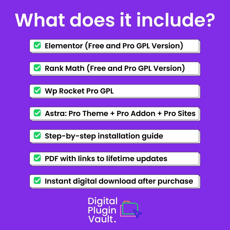 K&ouml;nnte beinhalten: Ein lila Grafik mit wei&szlig;em Text, der "What does it include?" (Was ist enthalten?) liest, gefolgt von einer Liste digitaler Produktmerkmale, einschlie&szlig;lich Elementor und Rank Math. Das Logo von Digital Plugin Vault befindet sich unten.