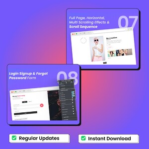Peut inclure: Une conception num&eacute;rique pr&eacute;sentant des &eacute;l&eacute;ments d'interface de site web. L'image pr&eacute;sente deux maquettes de site web avec le texte "Full Page, Horizontal, Multi Scrolling Effects & Scroll Sequence" et "Login Signup & Forgot Password Form". L'image comprend &eacute;galement le texte "Regular Updates" et "Instant Download".