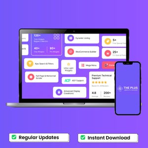 Peut inclure: Un ordinateur portable et un smartphone affichent une interface violette avec des ic&ocirc;nes et du texte blancs. L'&eacute;cran de l'ordinateur portable affiche des fonctionnalit&eacute;s telles que "120+ Total Widgets" et "WooCommerce Builder". Le t&eacute;l&eacute;phone affiche le logo "THE PLUS".