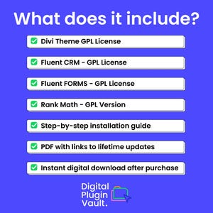 Op de afbeelding: Een blauwe afbeelding met de tekst "What does it include?" en een lijst met items met vinkjes. De lijst bevat Divi Theme, Fluent CRM, Fluent Forms, Rank Math, een installatiegids, PDF-updates en direct downloaden. Het Digital Plugin Vault-logo staat onderaan.