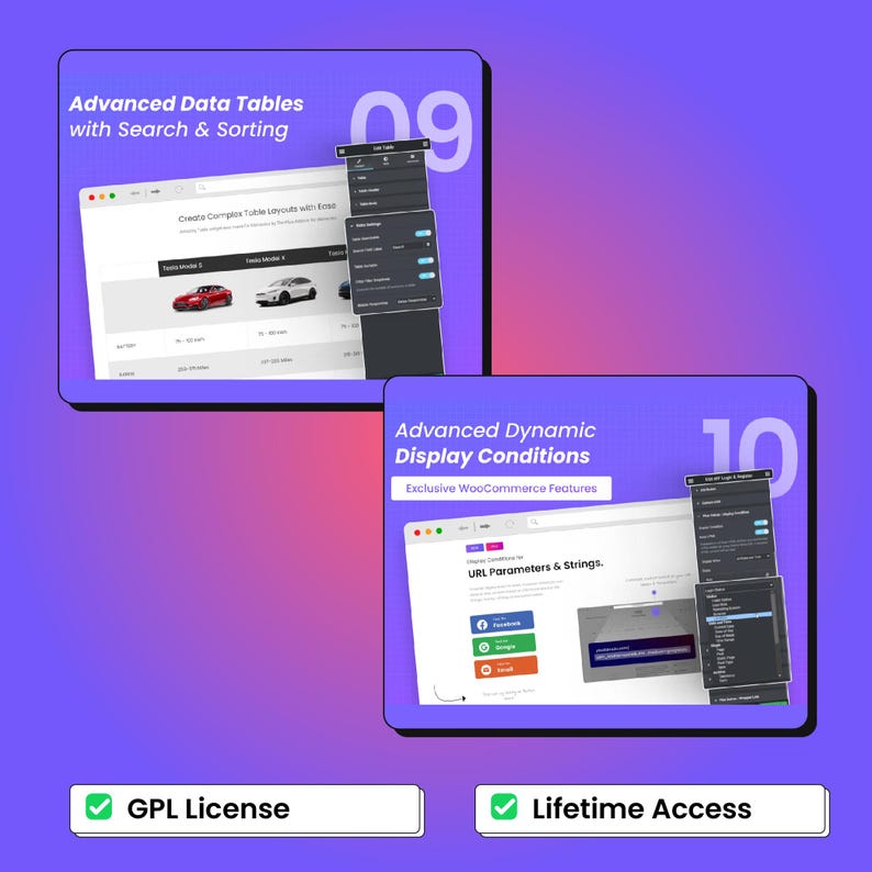 Peut inclure: Deux &eacute;crans num&eacute;riques sur fond violet pr&eacute;sentent des fonctionnalit&eacute;s de site web. L'&eacute;cran sup&eacute;rieur affiche "Advanced Data Tables with Search & Sorting" et comprend un tableau avec des images de voitures. L'&eacute;cran inf&eacute;rieur affiche "Advanced Dynamic Display Conditions". Le texte en bas indique "GPL License" et "Lifetime Access".