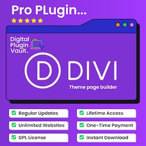 以下が含まれることがあります： 「Pro Plugin」を宣伝する紫色のグラフィック。テキストは「DIVI Theme page builder」です。画像には、「定期的なアップデート」や「生涯アクセス」などの機能を強調するアイコンとテキストボックスが含まれています。