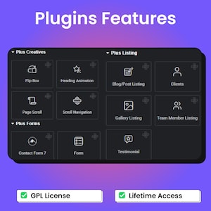 Peut inclure: Visuel num&eacute;rique pr&eacute;sentant les fonctionnalit&eacute;s d'un plugin. L'image affiche une grille d'ic&ocirc;nes class&eacute;es sous 'Plus Creatives', 'Plus Listing' et 'Plus Forms'. Le texte comprend 'Plugins Features', 'GPL License' et 'Lifetime Access'. Le fond est un d&eacute;grad&eacute; de violet et de bleu.