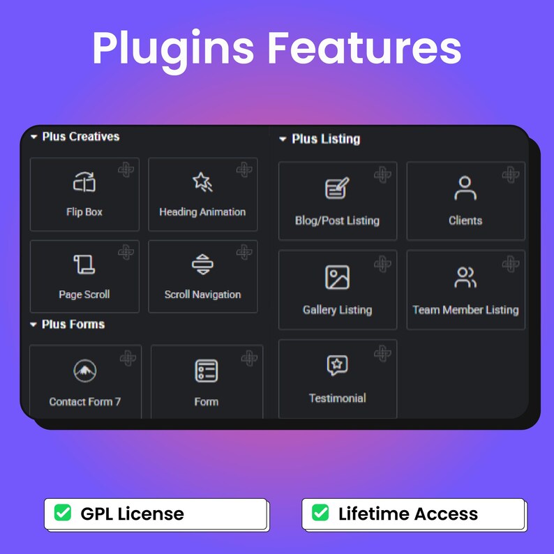 Peut inclure: Visuel num&eacute;rique pr&eacute;sentant les fonctionnalit&eacute;s d'un plugin. L'image affiche une grille d'ic&ocirc;nes class&eacute;es sous 'Plus Creatives', 'Plus Listing' et 'Plus Forms'. Le texte comprend 'Plugins Features', 'GPL License' et 'Lifetime Access'. Le fond est un d&eacute;grad&eacute; de violet et de bleu.