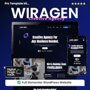 Può includere: Un kit di modelli di marketing digitale con il testo "WIRAGEN Creative Agency" in bianco e rosa. L'immagine mostra un laptop e uno smartphone che mostrano un design di sito web. Il testo "Creative Agency For Any Business Needed" è visibile.