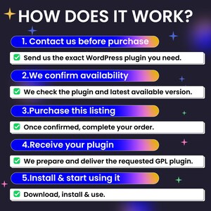 Puede incluir: Un gr&aacute;fico con fondo oscuro titulado HOW DOES IT WORK? con cinco pasos. 1. Contact us before purchase, Send us the exact WordPress plugin you need. 2. We confirm availability, We check the plugin and latest available version. 3. Purchase this listing, Once confirmed, complete your order. 4. Receive your plugin, We prepare and deliver the requested GPL plugin. 5. Install & start using it, Download, install & use.