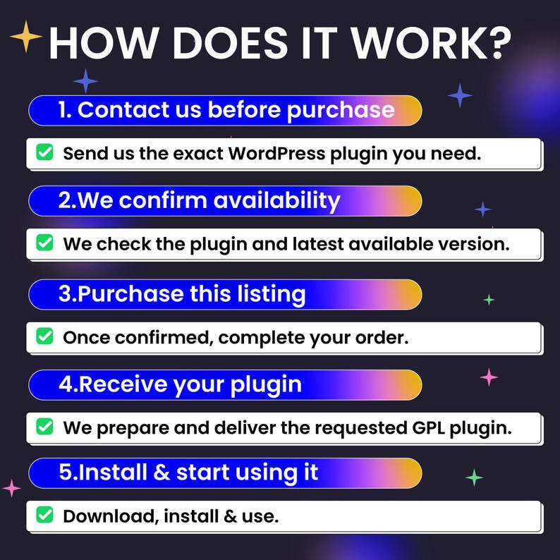 Puede incluir: Un gr&aacute;fico con fondo oscuro titulado HOW DOES IT WORK? con cinco pasos. 1. Contact us before purchase, Send us the exact WordPress plugin you need. 2. We confirm availability, We check the plugin and latest available version. 3. Purchase this listing, Once confirmed, complete your order. 4. Receive your plugin, We prepare and deliver the requested GPL plugin. 5. Install & start using it, Download, install & use.