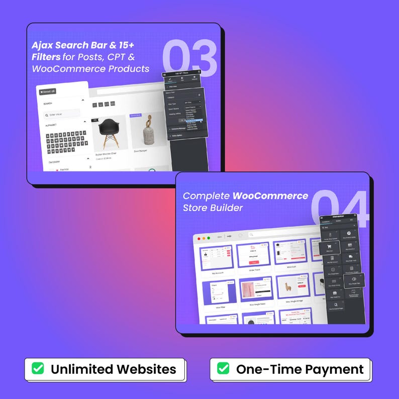 Peut inclure: Graphique num&eacute;rique sur fond d&eacute;grad&eacute; violet pr&eacute;sentant des captures d'&eacute;cran d'interfaces de sites web. Le texte met en &eacute;vidence des fonctionnalit&eacute;s telles que "Ajax Search Bar" et "Complete WooCommerce Store Builder". Le texte suppl&eacute;mentaire indique "Unlimited Websites" et "One-Time Payment".