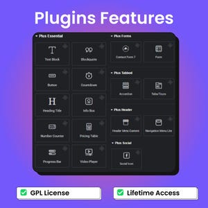 Peut inclure: Graphique num&eacute;rique pr&eacute;sentant les fonctionnalit&eacute;s des plugins. Comprend des blocs de texte, des boutons, des compteurs, des titres, des compteurs num&eacute;riques, des barres de progression, des citations, des formulaires de contact, des formulaires, des accord&eacute;ons, des onglets, des info-box, des tableaux de prix, des lecteurs vid&eacute;o et des ic&ocirc;nes sociales.