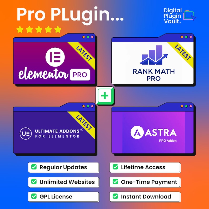 Puede incluir: Un gr&aacute;fico digital que muestra cuatro iconos de plugins de software etiquetados como Elementor Pro, Rank Math Pro, Ultimate Addons for Elementor y Astra Pro Addon. Un signo m&aacute;s verde se sit&uacute;a en el centro. El texto incluye Regular Updates, Lifetime Access y GPL License.