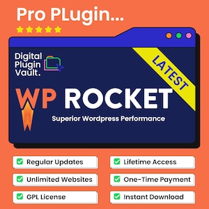 Può includere: Una pubblicità digitale per WP Rocket, un plugin di WordPress. L'immagine presenta uno sfondo blu scuro con la scritta "WP ROCKET" in grandi lettere bianche. Il testo aggiuntivo include "Superior Wordpress Performance" e "Latest". L'immagine elenca anche funzionalità come "Aggiornamenti regolari" e "Accesso a vita".