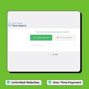 Puede incluir: Una captura de pantalla de una interfaz de sitio web con un dise&ntilde;o verde y blanco. El texto "WP ALL EXPORT New Export" est&aacute; en la parte superior. Los botones dicen "Specify input type" y "WP Query Results". Debajo est&aacute;n las palabras "Unlimited Websites" y "One-Time Payment".