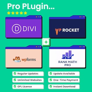 Puede incluir: Gráfico con el texto "Pro Plugin..." y cuatro iconos de sitios web: Divi, WP Rocket, wpforms y Rank Math Pro. Debajo, casillas de verificación con texto: Actualizaciones regulares, Sitios web ilimitados, Licencia GPL, Actualización disponible, Pago único y Descarga instantánea.