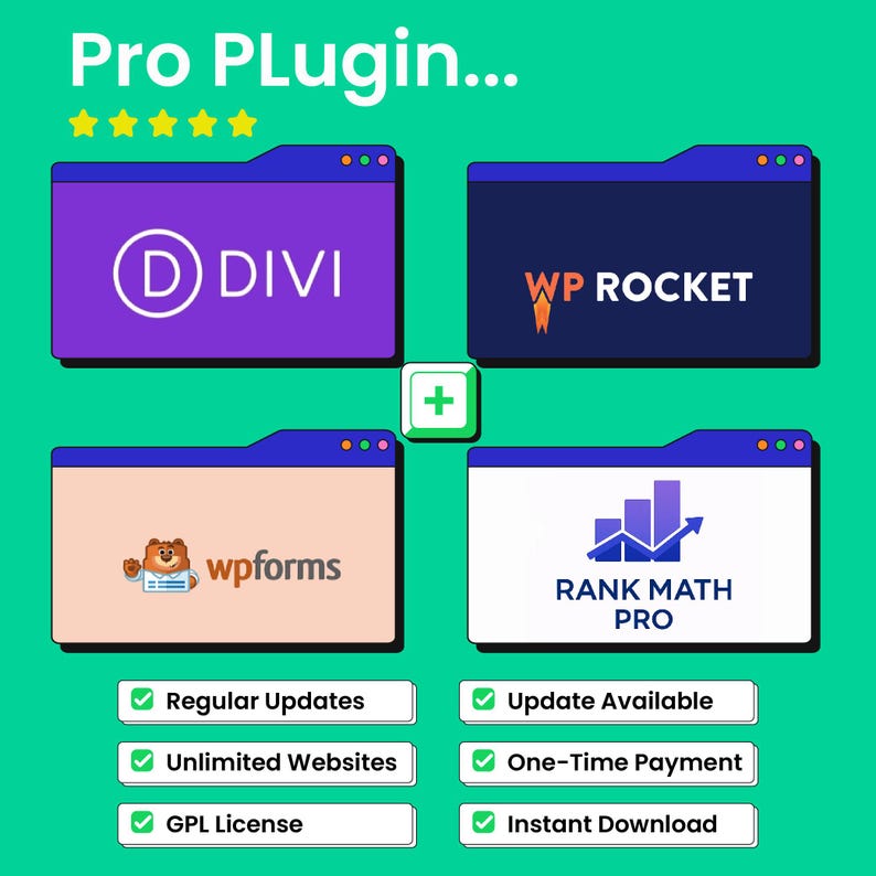 Peut inclure: Graphique avec le texte "Pro Plugin..." et quatre ic&ocirc;nes de sites web : Divi, WP Rocket, wpforms et Rank Math Pro. En dessous, des coches avec le texte : Mises &agrave; jour r&eacute;guli&egrave;res, Sites web illimit&eacute;s, Licence GPL, Mise &agrave; jour disponible, Paiement unique et T&eacute;l&eacute;chargement instantan&eacute;.