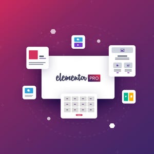 Peut inclure: Un graphique num&eacute;rique pr&eacute;sentant le texte Elementor PRO au centre sur un fond rectangulaire blanc. Autour du rectangle central se trouvent cinq petites ic&ocirc;nes blanches affichant diverses mises en page web et &eacute;l&eacute;ments d'interface.