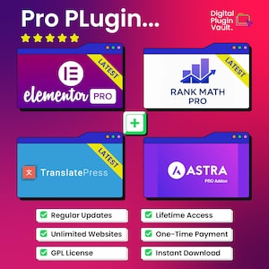 Puede incluir: Un gráfico digital titulado Pro Plugin que muestra cuatro iconos de software: Elementor Pro, Rank Math Pro, TranslatePress y Astra Pro Addon. Cada icono está dentro de una carpeta con una etiqueta amarilla LATEST. Incluye un signo más y seis recuadros.