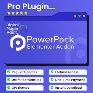 May include: A blue graphic promoting a "Pro Plugin" with the text "PowerPack Elementor Addon." It features a logo and lists benefits like regular updates, lifetime access, unlimited websites, one-time payment, GPL license, and instant download.