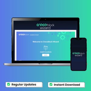 May include: A laptop and a smartphone displaying the Crocoblock Wizard installation interface with a blue and green gradient background. The screen shows the text Welcome to Crocoblock Wizard, an install icon, and a Let's Go button.