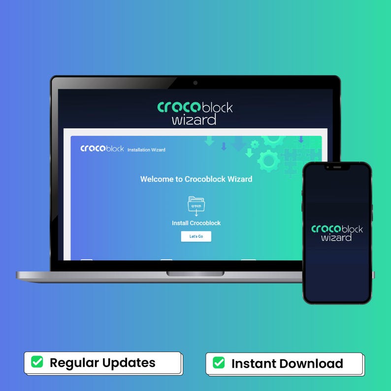 May include: A laptop and a smartphone displaying the Crocoblock Wizard installation interface with a blue and green gradient background. The screen shows the text Welcome to Crocoblock Wizard, an install icon, and a Let's Go button.