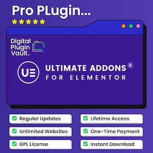 Può includere: Annuncio di un prodotto digitale con sfondo blu scuro. Il testo "Pro Plugin..." è in alto, con una valutazione a stelle. Il logo di "Digital Plugin Vault" è presente. Il testo "ULTIMATE ADDONS FOR ELEMENTOR" è visualizzato. Le funzionalità includono aggiornamenti regolari e accesso a vita.