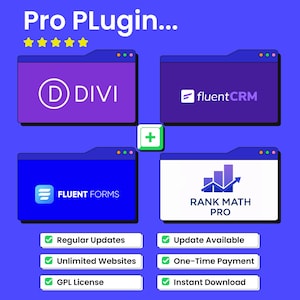 Puede incluir: Un gráfico con el texto "Pro Plugin..." y logotipos de Divi, fluentCRM, Fluent Forms y Rank Math Pro. El texto adicional incluye "Actualizaciones regulares", "Sitios web ilimitados", "Licencia GPL", "Actualización disponible", "Pago único" y "Descarga instantánea."