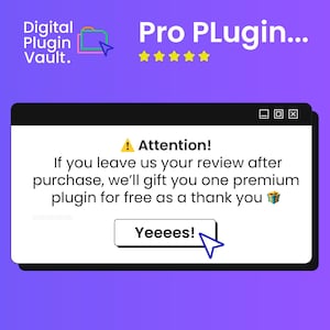 Peut inclure: Publicit&eacute; num&eacute;rique sur fond violet. L'annonce pr&eacute;sente le texte "Pro Plugin..." et "Digital Plugin Vault". Une fen&ecirc;tre contextuelle indique "Attention !" et offre un plugin gratuit pour un avis, avec un bouton "Yeeees!"