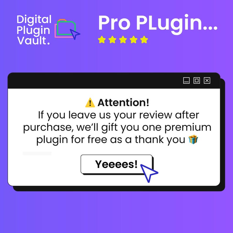 Peut inclure: Publicit&eacute; num&eacute;rique sur fond violet. L'annonce pr&eacute;sente le texte "Pro Plugin..." et "Digital Plugin Vault". Une fen&ecirc;tre contextuelle indique "Attention !" et offre un plugin gratuit pour un avis, avec un bouton "Yeeees!"