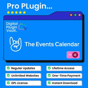 May include: A blue graphic promoting "Pro Plugin" for "The Events Calendar." The design features a stylized computer window with text and icons. Key features include regular updates, lifetime access, unlimited websites, one-time payment, GPL license, and instant download.