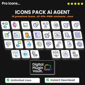May include: A black graphic with the text "ICONS PACK AI AGENT" and "Digital Plugin Vault." The image features 20 white squares with various AI-related icons. The bottom of the image has the text "Unlimited Uses" and "Instant Download."