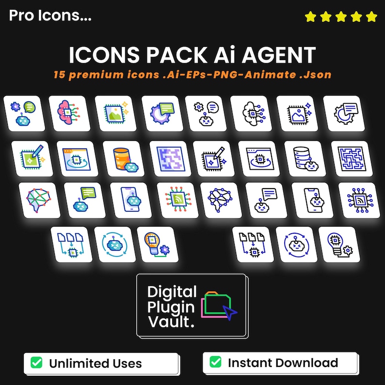 AI Agent Icon Pack – 15 Animated JSON & Vector Icons (AI, Eps, Png) - Etsy