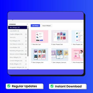 Peut inclure: Capture d'&eacute;cran d'une interface de site web avec diverses options de widgets. L'interface pr&eacute;sente des cat&eacute;gories, dont "Woo Widgets", et affiche plusieurs aper&ccedil;us de produits. Le bas de l'&eacute;cran affiche le texte "Regular Updates" et "Instant Download".